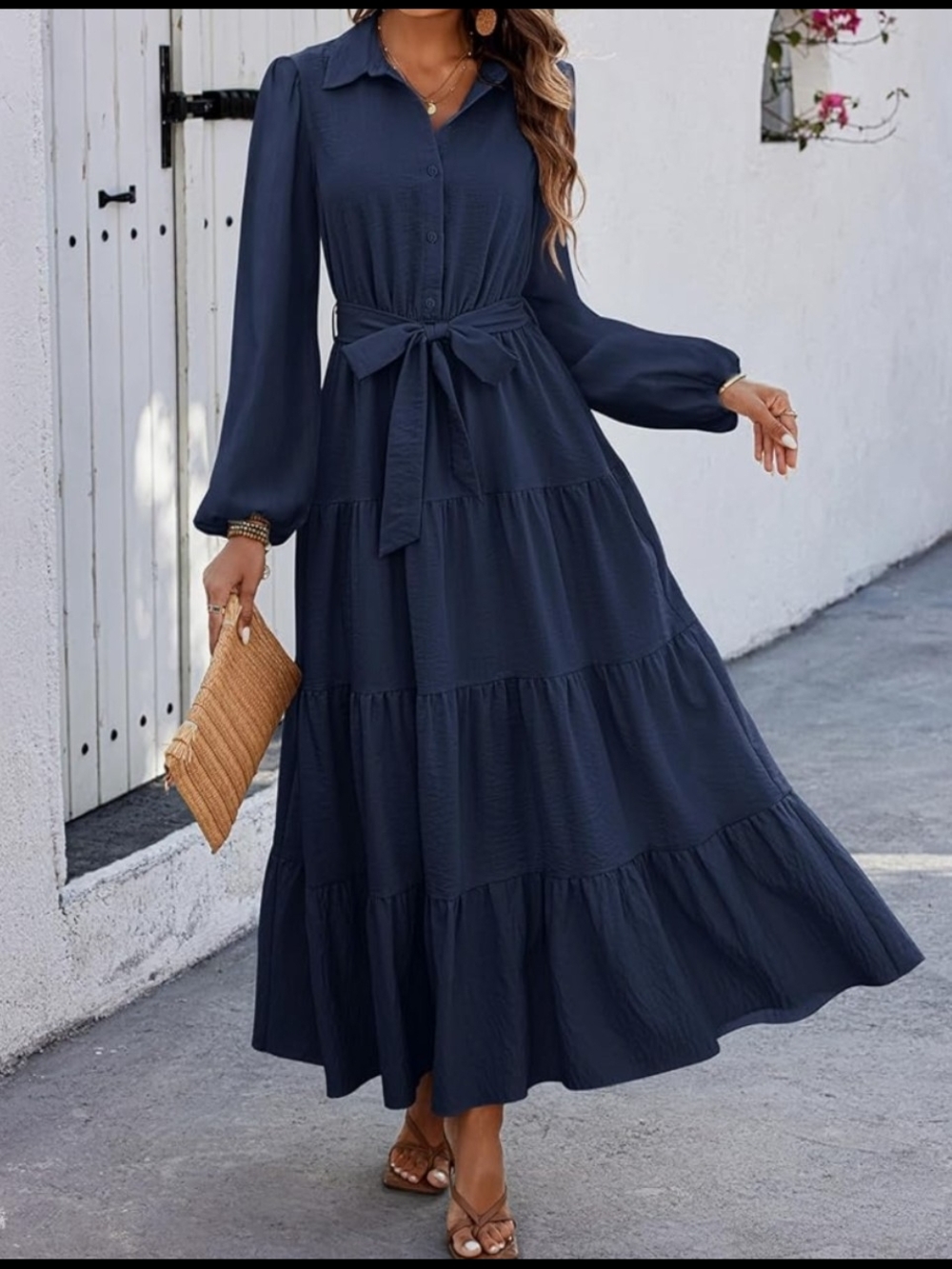 Long Navy Tiered Maxi Dress with Waist Tie